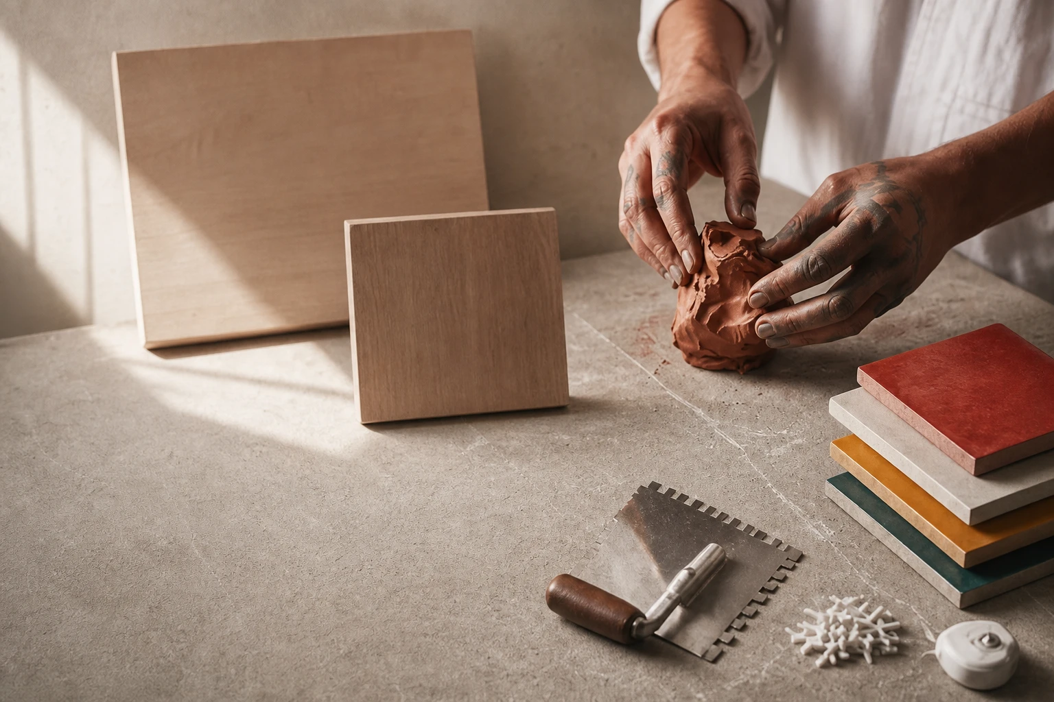 Handwerkliche Szene: Hände formen Ton auf einem Tisch mit Fliesenmustern, Zahnkelle und Fliesenkreuzen